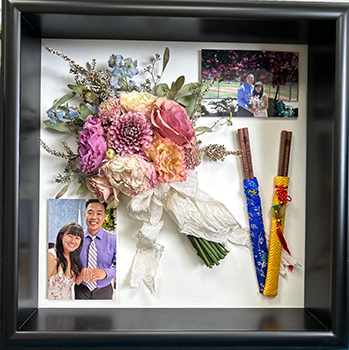 Shadow Box black frame oriental flowers and photos