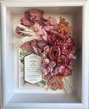 Shadow box white frame with pink flowers