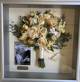 Shadow Box gray wood frame with pink roses and picture