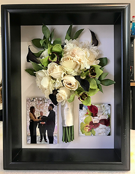 Shadow Box black frame with white roses and picture