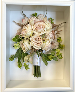 Shadow box white frame with pink roses