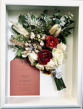 shadow box white frame with red and white flowers