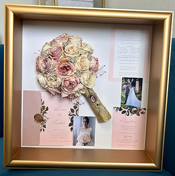 Shadow Box gold frame pink flowers